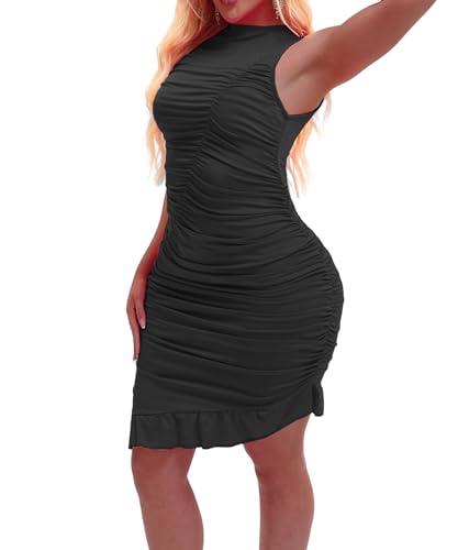 Image of Women's Sleeveless Sexy Ruched Bodycon Midi Stretch Dress for Club Party Club with Back Zipper