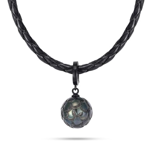 Genuine Tahitian Black Pearl Necklace - 11-12mm Hand-carved Seawater Pearl Wedding Anniversary Birthday Christmas Gift for Wife Mom Women Daughter Unique Jewelry Gifts Leather Chain 19.5+1.96