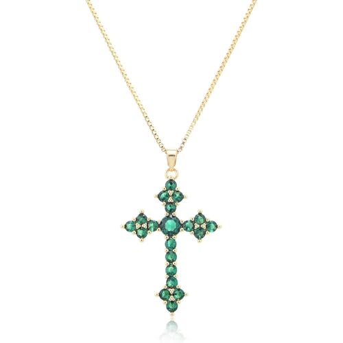 RIZILIA 18K Yellow Gold Plated Women's Cross Necklace, Round Cut CZ [Multiple Colors Available] Cross Pendant Necklace for Women, Trendy Jewelry Gift for Women