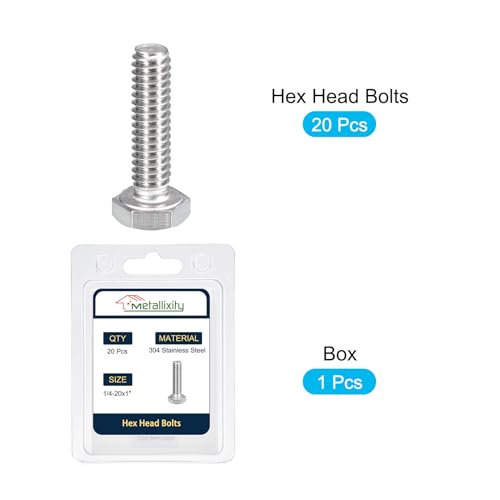 Image of METALLIXITY Hex Head Bolts (1 /4-20 x 1) 20Pcs, 304 Stainless Steel 18-8, Fully Threaded, External Hex Drive, Plain Finish, Hex Head Screw Bolt, Silver