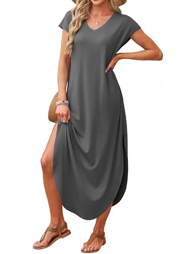 Image of RUMIA Summer Maxi Dresses for Women Cap Sleeve Long Sundress with Pockets