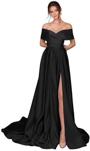 Infuness Damen Abschlusskleider Lang mit Taschen Off Shoulder Satin Ballkleider mit Korsett A-Linie Formelle Party Abendkleid