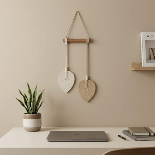 Image of AdFashionble Boho Macrame Wall Hanging Leaf Decor for Home, Living Room & Bedroom | Cotton Thread Art with Wooden Rod | Minimalist Handmade Wall Decoration | Aesthetic Nordic Wall Art for Home, Office & Gift Purpose Lenght- 58 cm Width- 15 cm (LIGHT BROWN & OFFWHITE)