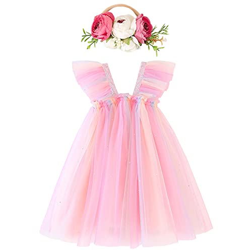 Baby Girls Tulle Tutu Sleeveless Backless Dress with Flower Headband Birthday Party Princess Summer Beach Sundress Skirt Set