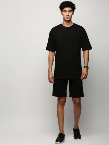 Image of SHOWOFFFF Men Solid Two-Piece Co Ords | Round Neck Half Sleeves Cotton Co Ords for Mens | Mid-Rise Regular Fit Above Knee Co Ords for Men's