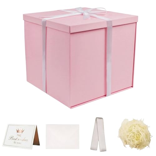 UoeRing Matte Pink Large Gift Box 1Pcs 12x12x11 Inch Gift Box with Lid for Presents Birthdays Christmas Valentines Day Mothers Day with Ribbon Card Envelope Shredded Paper Fill