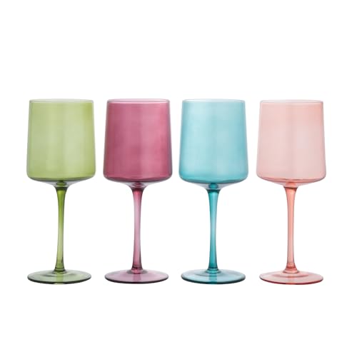 Creative-Co-Op-Hand-Blown-Stemmed-Wine-Glasses-14-Ounces-4-Assorted-Colors-Glassware-Multi Creative Co Op Hand Blown Stemmed Wine Glasses 14 Ounces 4 Assorted Colors Glassware Multi