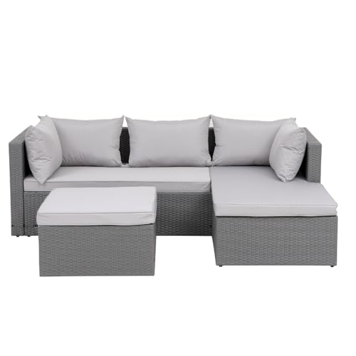 CONCEPT USINE | Salon de Jardin 4 Places en Résine Tressée | LECCI Gris/Gris Clair | Aspect Rotin Tendance | Canapé d'angle Réversible + 1 Pouf | Armature...