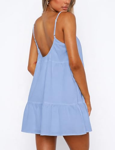Image of OZICERD Flowy Short Sundress Mini Babydoll Dresses for Women Going Out Tiered Ruffle Beach Spaghetti Strap Swing Dress Cute