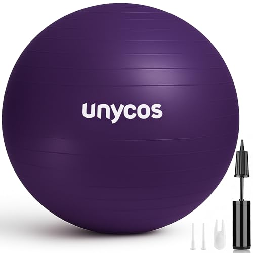unycos - Pelota de Pilates, Gimnasia, Yoga, Fitness y Embarazo, Fitball Antideslizante y Anti-Burst【65 cm】de PVC Extra Grueso, Resistencia de 300 kg, Incluye Hinchador (Morado con Logo)