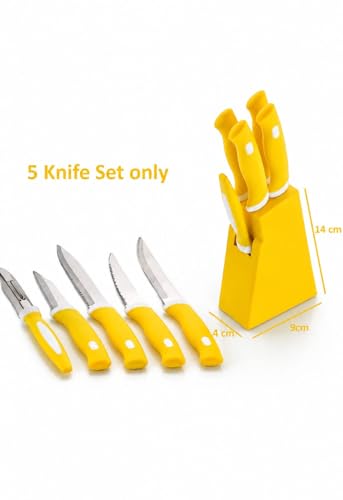 Image of 5-Piece Kitchen Knife Set with Stand, Stainless Steel Blades, Includes Peeler, 14x9x4 cm Block Multicolour (Yellow, 5pcs Knife Yellow)