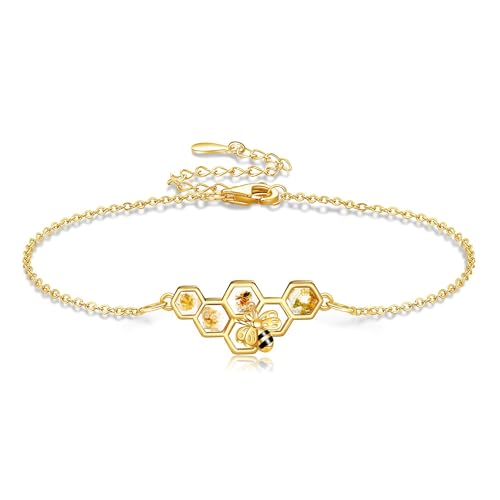 YAFEINI Bee Honeycomb Bracelet 925 Sterling Silver Bee Flower Link Bracelets Bumble Bee Jewellery Gifts For Women