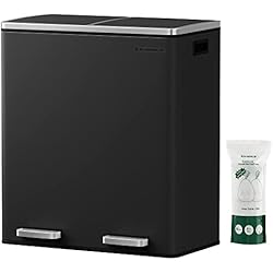 Basurero Con Tapa Y Pedal SONGMICS Cubo de basura con 2 compartimientos de 30L, Basurero de reciclaje con pedales de metal, Cubos interiores de plástico y tapa con bisagras, manijas, Cierre suave, Hermético, Negro LTB60BK
