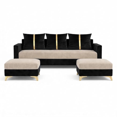 Image of Caviar 5 Seater L Shape Sofa Set with 2 Movable Ottomans | Flexible Layout | Luxury Velvet Suede Fabric | Modern Living Room Sofa | Black - Cream