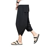 FTIMILD Men's Casual Linen Harem Capri Pants Waist Wide Leg Baggy Cropped Trousers Black