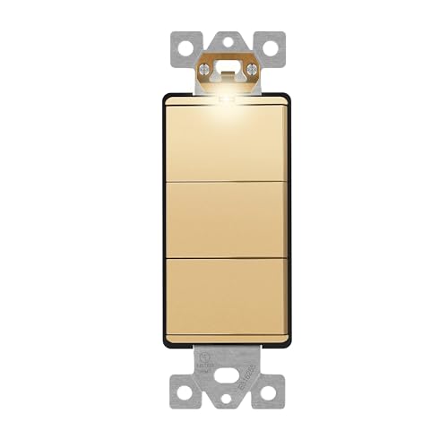 Image of LIDER Minimalist Design Lighted Triple Switch, Combination Frameless Decorator Switch with Locator Light, Ground Terminal, Single Pole, 15A 120-277V, LCS3-1P-GD, UL Listed, Thermoplastic, Matte Gold