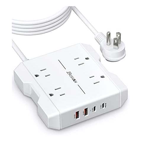 PD20W USB C Power Strip with Surge Protection - BESFAN Multi-Outlet Strip with 4 AC Outlets, 2 USB-A & 2 Fast Charging USB C Ports, Flat Plug, Long Cord, Portable for Travel & Office Use and Dorm Cover