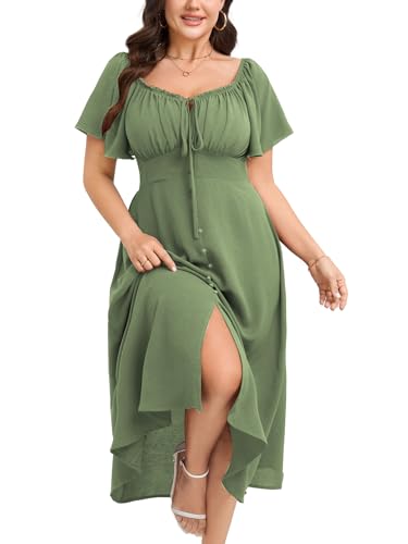 Womens Plus Size Dress Square Neck Smocked Button Down Tie Front Split A-Line Maxi Long Dresses