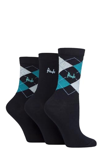 Pringle Ladies Socks in Gift Box - Louise Plain and Argyle Patterned Soft Cotton Gift Idea Size 4-8 Navy/Teal