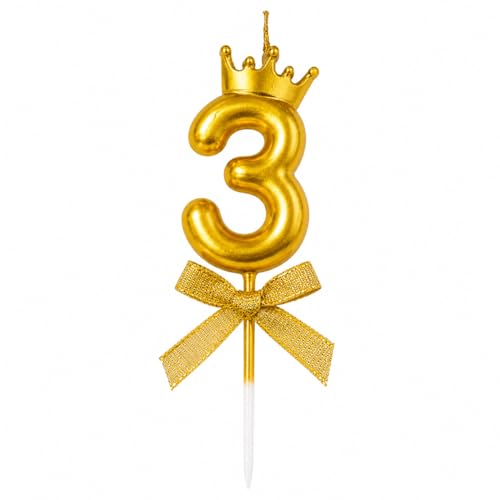 Image of Number 3 Unscented Candle with Crown 3 inch for Birthday Parties, Wedding, Engagement, Valentines Day Celebration, Theme Party, Bachelors Decoration Gold, Numeric 3