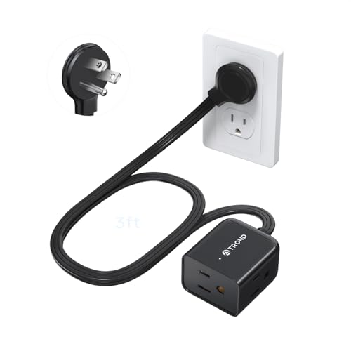 Image of TROND Short Flat Extension Cord 3ft - Left Angled Flat Plug Power Strip, 3 Grounded Plug Extension Outlets, Three Prong, 16 Gauge Power Cable, 13A, Small for Indoor Home Office Cruise Travel, Black