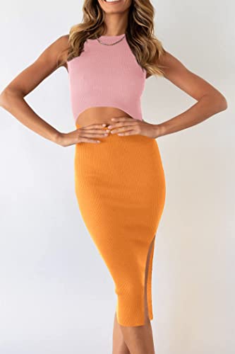 Image of PRETTYGARDEN Women's Summer Midi Bodycon Dresses Casual Crew Neck Side Slit Sleeveless Knit Cut Out Tank Top Dress