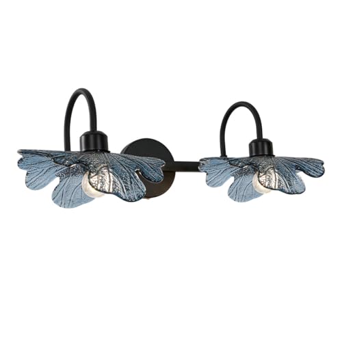 Image of 2-Light Glass Wall Mount Light Matte Black Wall Sconce Art Deco Blue Glass Bathroom Lights Fixtures Vintage Vanity Lights Over Mirror for Bedroom Hallway Living Room