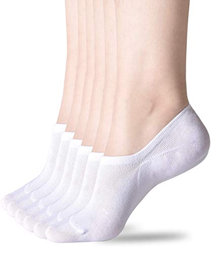 No Show Socks for Women,6 Pack Cotton Invisible Non Slip Flat Boat Line Socks White