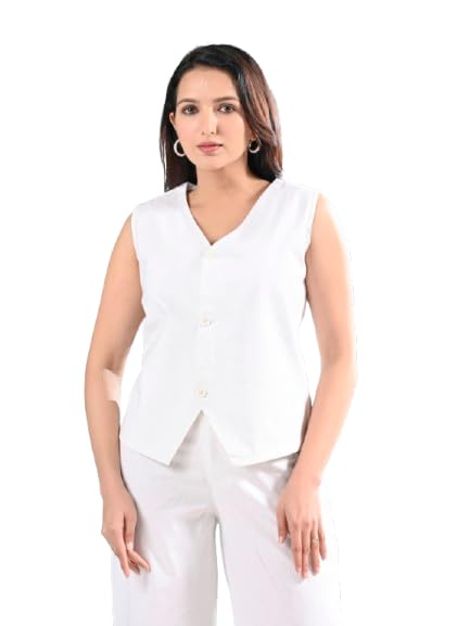 Cotton Solid Sleeveless V-Neck Jacket for Women and Girls-image-36