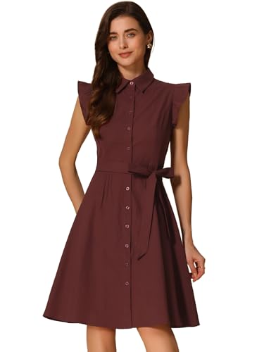 Image of Allegra K Women's Ruffled Sleeve Casual Office Dress Tie Waist Button Down Cotton Shirt Dresses