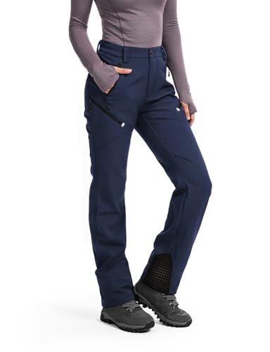 Image of Moosehill Women's Hiking Pants Winter: 5 Zipper Pockets Water Resistant | Fleece Lined 4-Way-Stretch Insulated Softshell with Elastic Waistband for Outdoor Ski and Snowboard