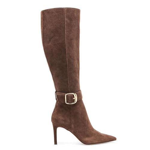 Suede Knee High Boots Women Buckle Fall Tall Boots Side Zipper Pointed Toe Stiletto High Heels Party Dress Boot