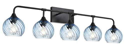 Image of MELUCEE 5-Light Bathroom Light Fixtures 42 Inches, Matte Black Vanity Lights with Blue Striped Swirl Glass Shade, Mid-Century Modern Bathroom Vanity Light Over Mirror