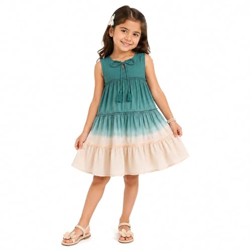 Image of The Magic Wand Kids Girls Tie Dye Casual Dresses, Knee Length Singlet Strap Fit & Flared Cotton Once Piece Stylish Frocks for Summer Season