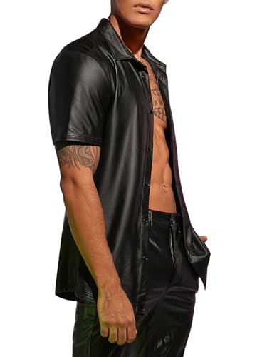 WDIRARA Men's PU Leather Button Down Short Sleeve Dress Shirt Casual Streetwear Top4