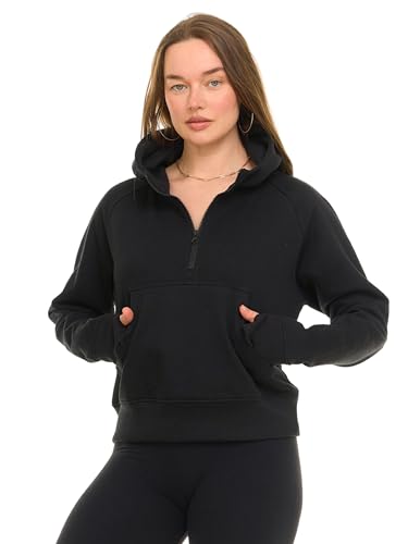 MODERN BASICS Womens Half Zip Hoodie - Fleece Cropped Sweatshirt for Women, Quarter Zip Up Pullover Black
