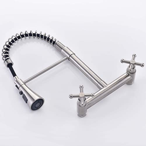 Wall Mount Kitchen Sink Faucet With Pull Out Sprayer 3 Function Commercial Spring Faucet 2 Industrial Handle High Arc Center Faucet, Brushed Finish #TOP7