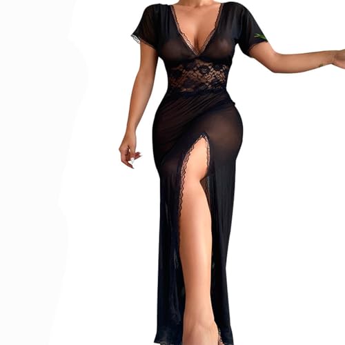 KFLY Sexy Kleid Damen Dessous Transparentem Lang Nachthemd Netzstoff Spitze Hoher Mesh Babydoll Nachtwäsche Strandkleid Cover Up(DE/NL/SE/PL,...