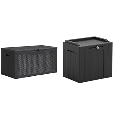Greesum 100 & 31 Gallon Black Resin Lockable Deck Boxes for Outdoor Storage