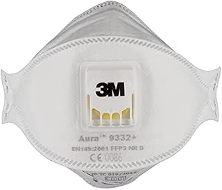 3M Aura Disposable Particulate Respirator 9332+, FFP3, Valved, Pack of 10 Masks, 3-Panel Design, High performance Filter Material, Adjustable Nose Clip