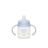 Suavinex, Vaso Aprendizaje Bebé, Taza Antiderrame, Biberón con Asas que Brilla en la Oscuridad, con Boquilla de Silicona y Válvula Anticólico, Ideal para Usar por la Noche, +6 Meses, Wild&Free Azul