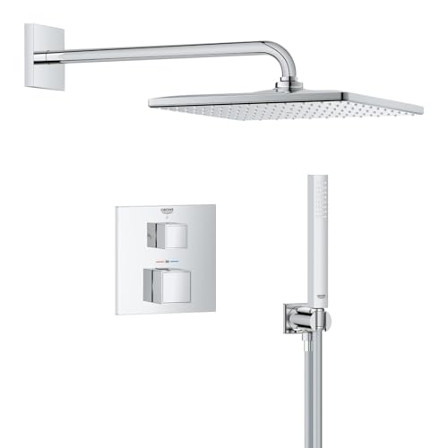 GROHE Precision Cube - Concealed Shower System with 2 Outlets Thermostat (Cube 31 cm Head Shower Mono Rain Spray and Stick Hand Shower 1 Spray, Hose 1.5m, Square Trim), Chrome, 34879000