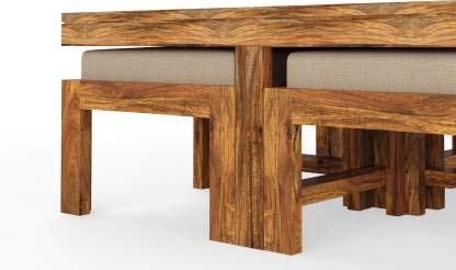 Image of Solid Sheesham Wood Coffee Table with 4 Nesting Stools, Square Center Table for Living Room, Space-Saving Design, (Maple Finish)
