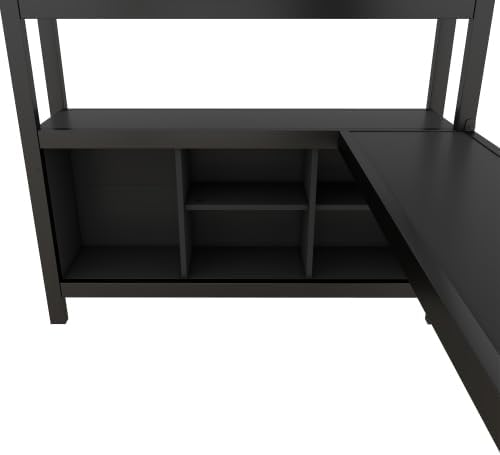 Bellamave Metal Loft Bed with Wardrobe and L-Shaped Desk, Full Size Loft Bed with Storage Cubes and Shelves, Heavy Duty LoftBed for Kids Teens Adults, Black