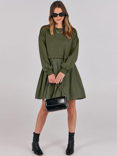 ANRABESS Women Sweatshirts Dress Oversized Long Sleeve Patchwork Casual Loose Pleated Pullover Mini Dress Fall Outfits 20253
