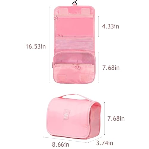 Image of Travel Toiletry Bag with Hanging Hook, Waterproof Cosmetic Organizer Pouch, Foldable Makeup Storage Case with Mesh & Transparent Compartments, Portable Travel Accessories Bag (Pink Pink)