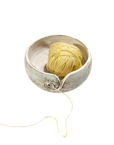 Image of Handmade Acacia Wood Yarn Bowl - Large Knitting & Crochet Holder for Tangle-Free Crafting - 6.5 inch x 3 inch (Antique White) - Gift for Knitters & Crocheters