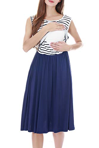 Smallshow Women's Sleeveless Nursing Dresses Patchwork Maternity Breastfeeding Dress Navy Stripe-Navy Large #TOP2