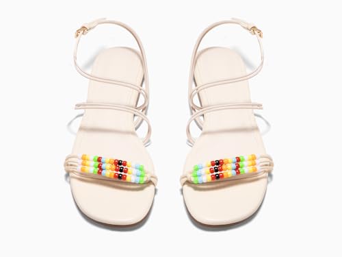 Coutgo Womens Strappy Flat Sandals Open Toe Lace Up Beaded Gladiator Flats Ankle Strap Summer Beach Shoes, Beige, Size 10 — view 5