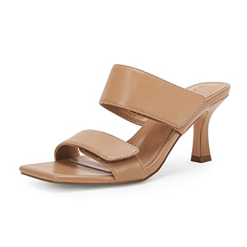 Ermonn Womens Two Strap Heeled Sandals Slip On Square Open Toe Stiletto Faux Leather Backless Mule Heels Slippers